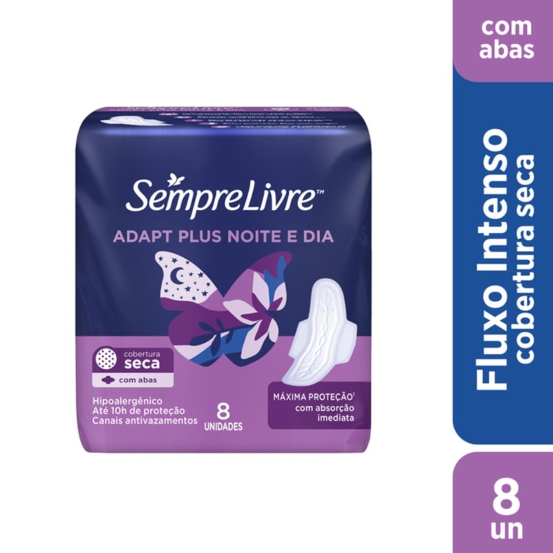 Absorvente Sempre Livre Adapt Plus Noite e Dia Seca Com Abas 8 Unidades