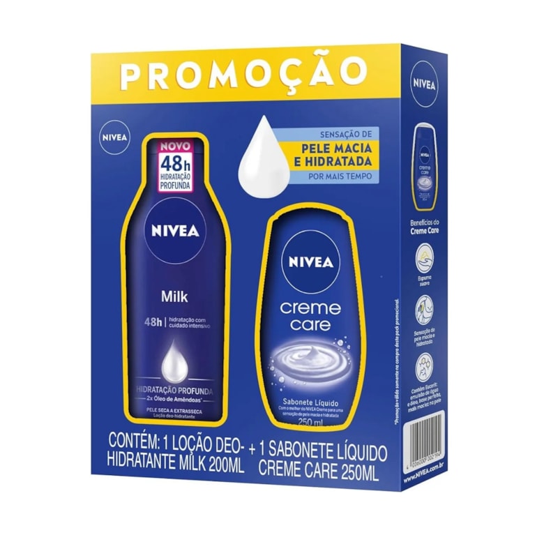 Loção Hidratante Nivea 200 ml Milk + Sabonete Líquido 250 ml Creme Care