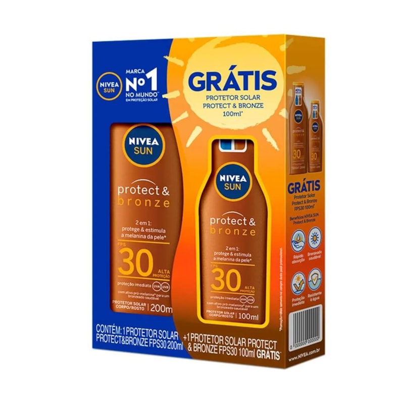 Protetor Solar Nivea Sun FPS 30 200 ml Protect & Bronze + Protetor Solar 100 ml