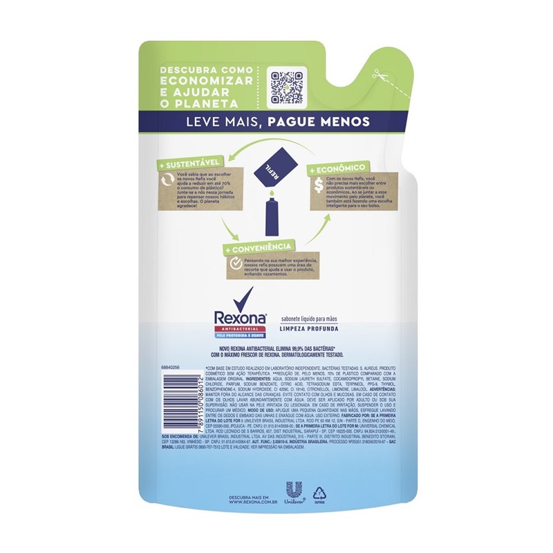 Sabonete Líquido Rexona  Refil Antibacterial 500 ml Limpeza Profunda